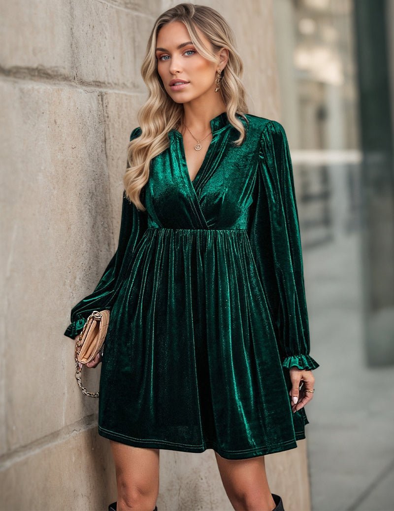 Dark green velvet notch-neck ruffle-sleeve dress with gathered waist