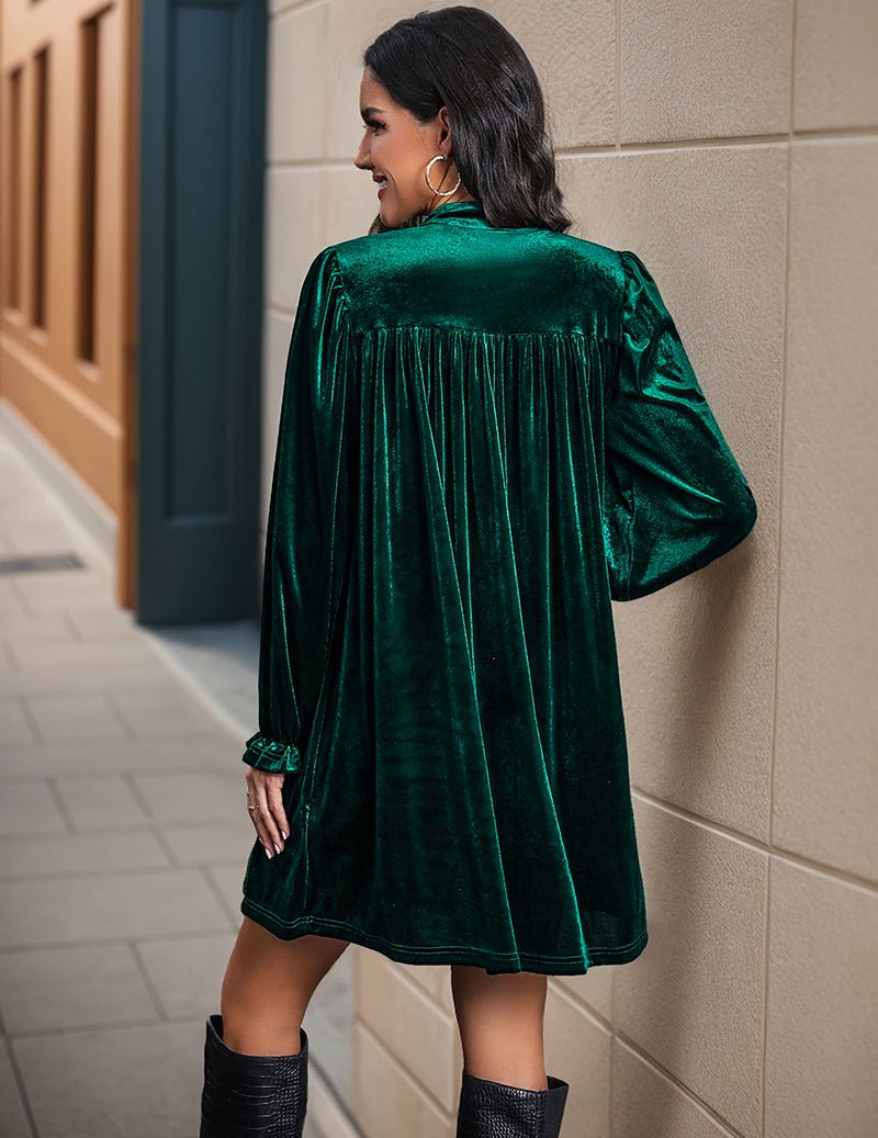 Dark green velvet notch-neck ruffle-sleeve dress, back view