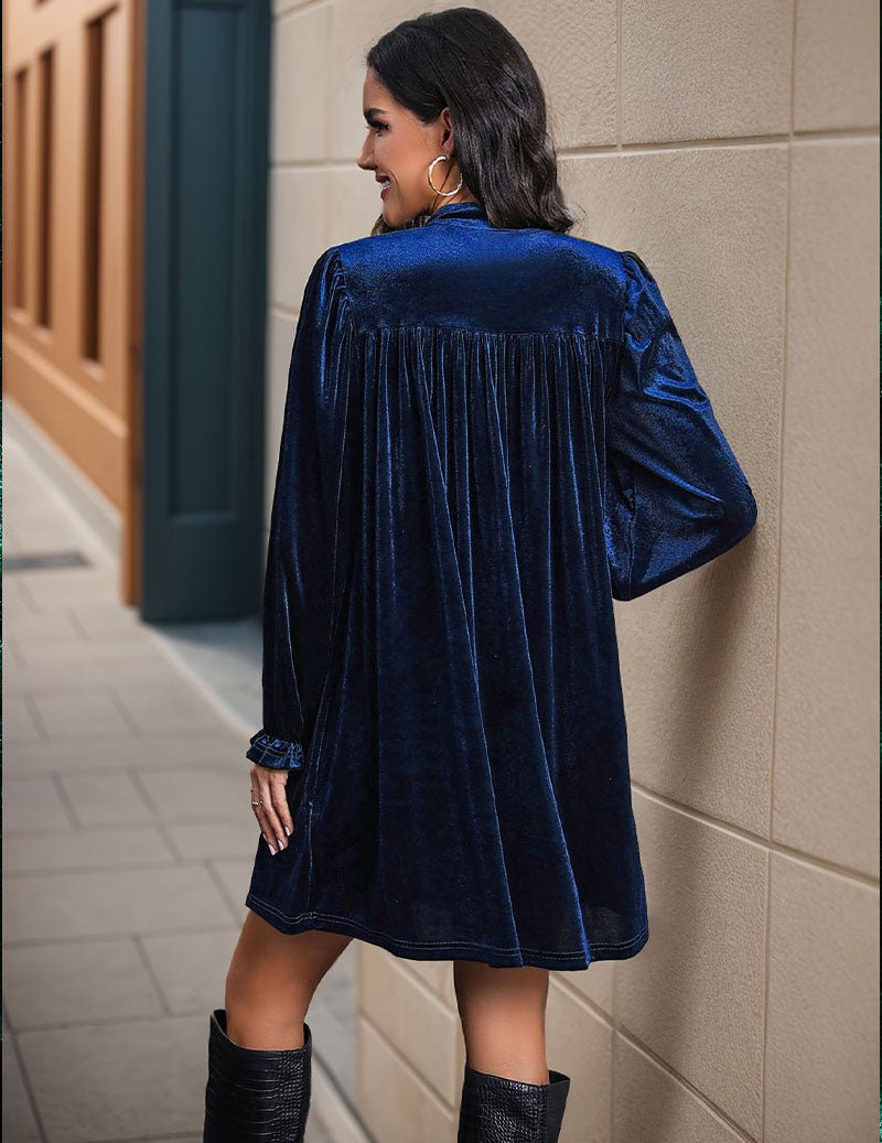 Navy blue velvet notch-neck ruffle-sleeve dress, back view