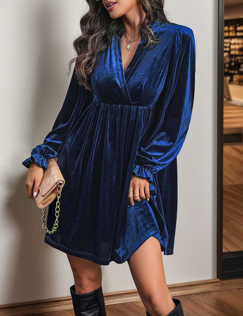 Navy blue velvet notch-neck ruffle-sleeve dress, front view
