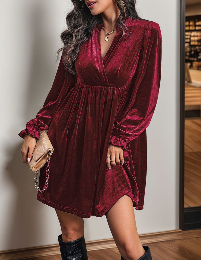 Wine red velvet notch-neck ruffle-sleeve dress with gathered waist and split hem