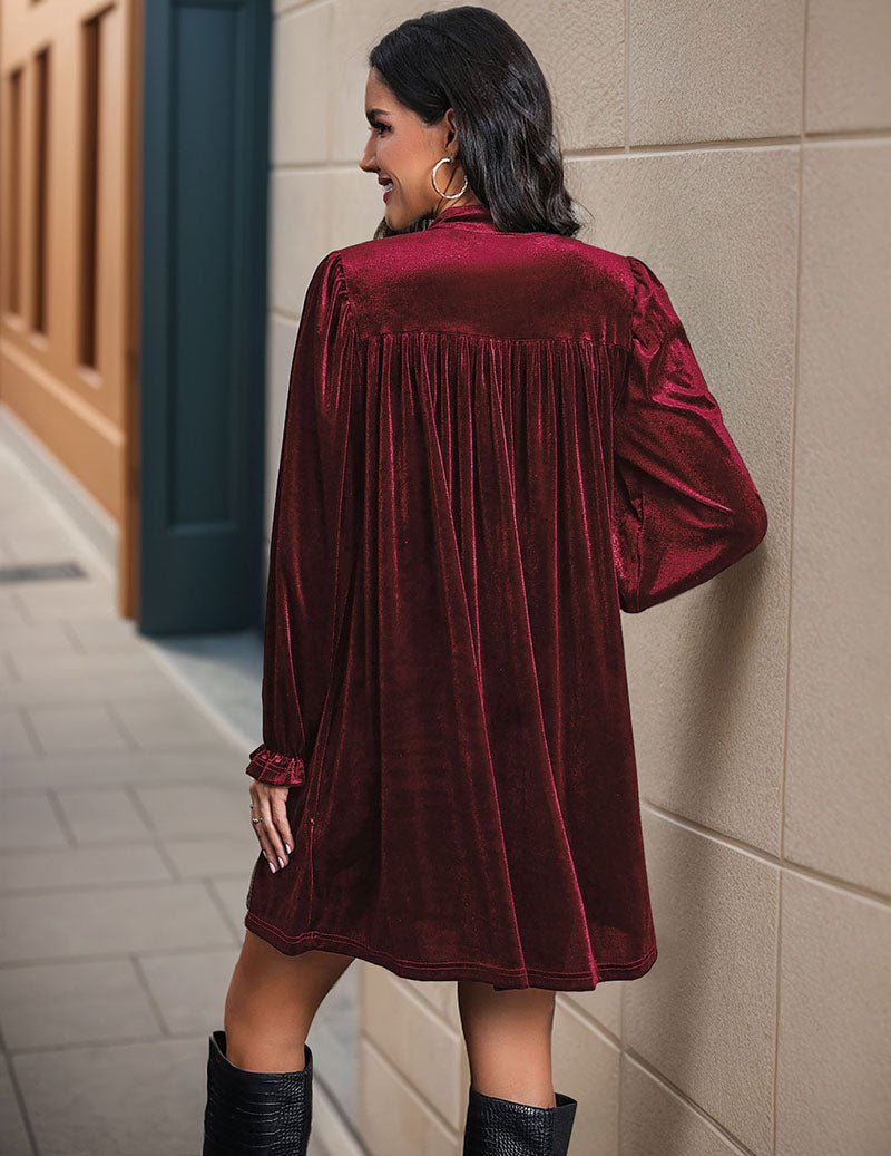 Wine red velvet notch-neck ruffle-sleeve dress, back view with gathered yoke