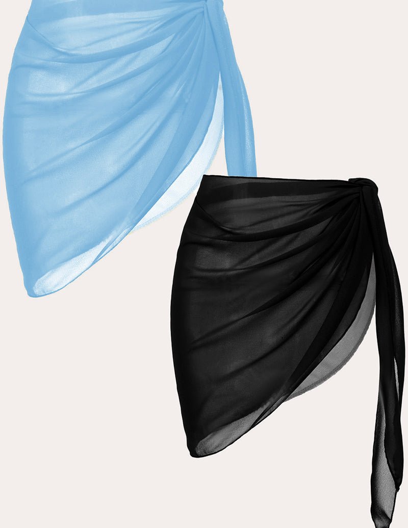 2-piece chiffon cover-up set: black and light blue draped wrap skirt