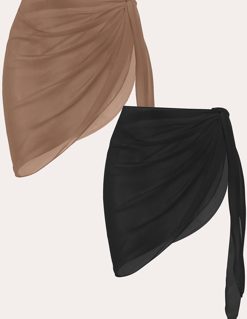 2-piece chiffon cover-up set: black and khaki draped wrap skirt
