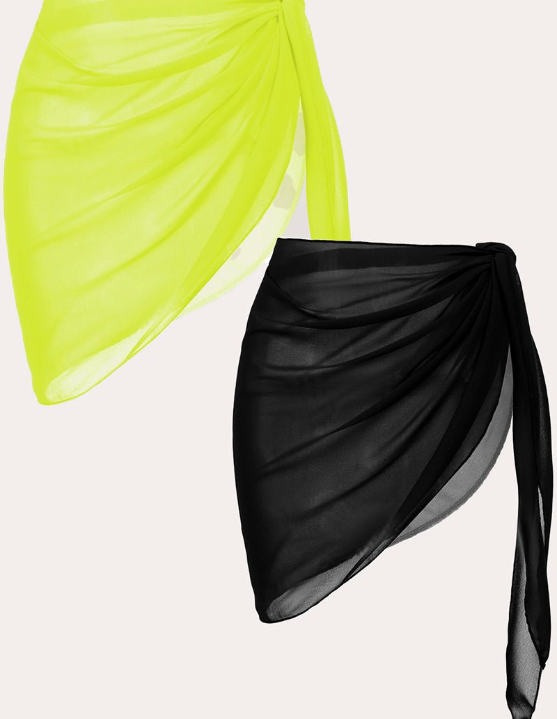 2-piece chiffon cover-up set: black and fluorescent green draped wrap skirt