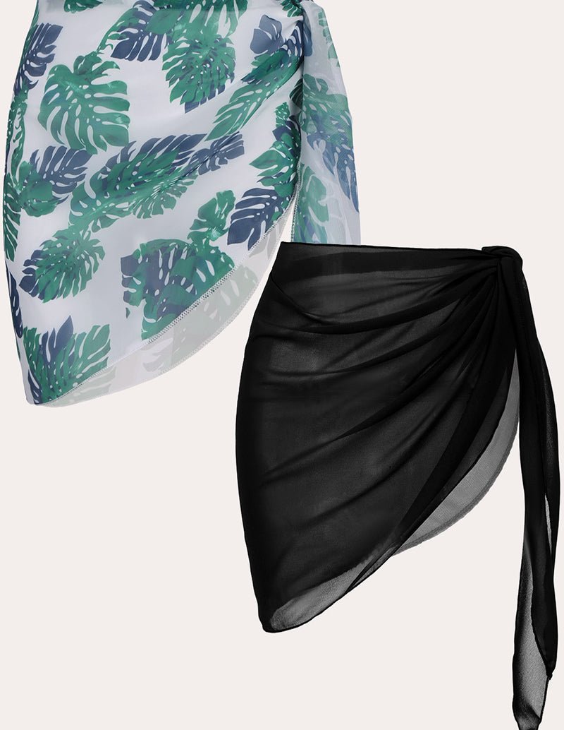 2-piece chiffon cover-up set: black and green leaf print draped wrap skirt