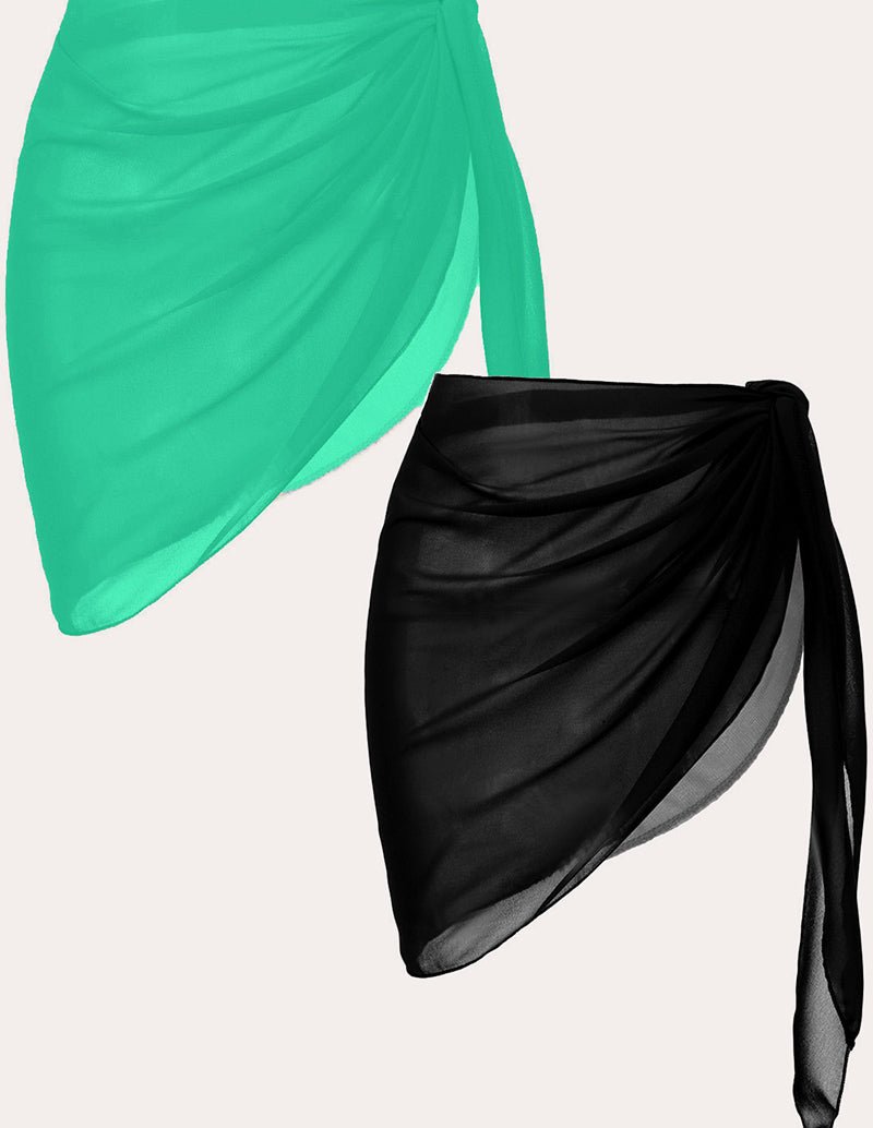 2-piece chiffon cover-up set: black and green draped wrap skirt