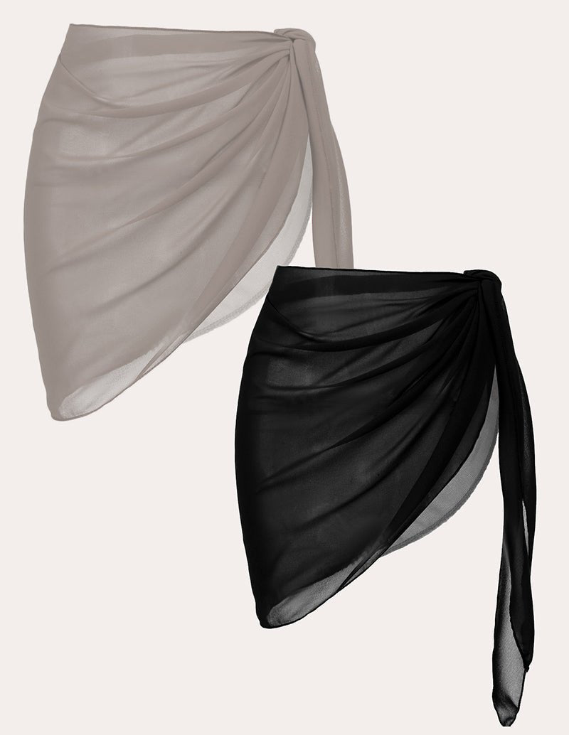 2-piece chiffon cover-up set: black and taupe draped wrap skirt