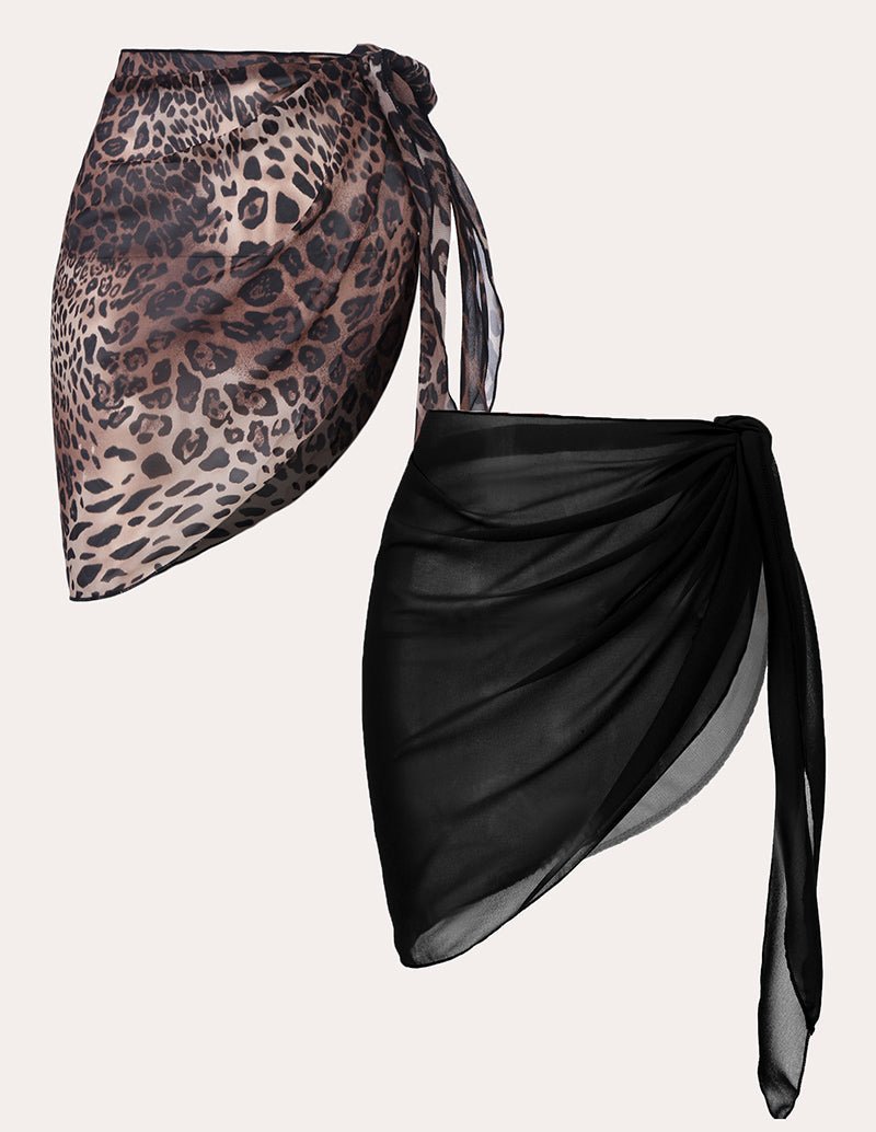 2-piece chiffon cover-up set: black and leopard print draped wrap skirt