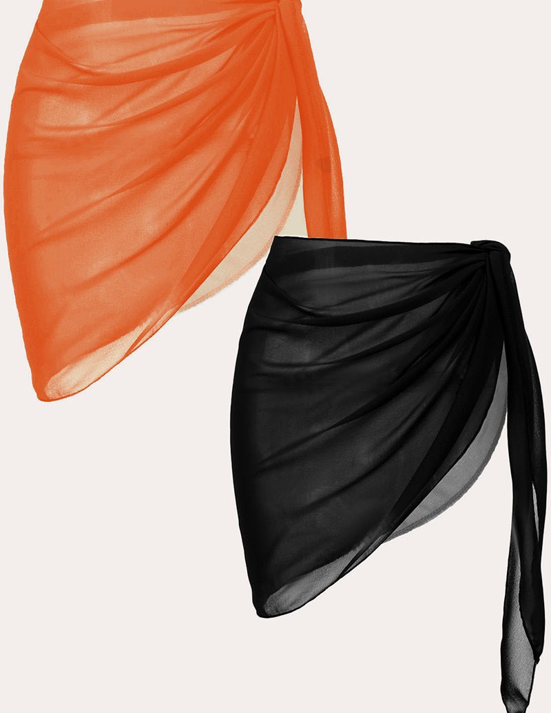 2-piece chiffon cover-up set: black and orange draped wrap skirt