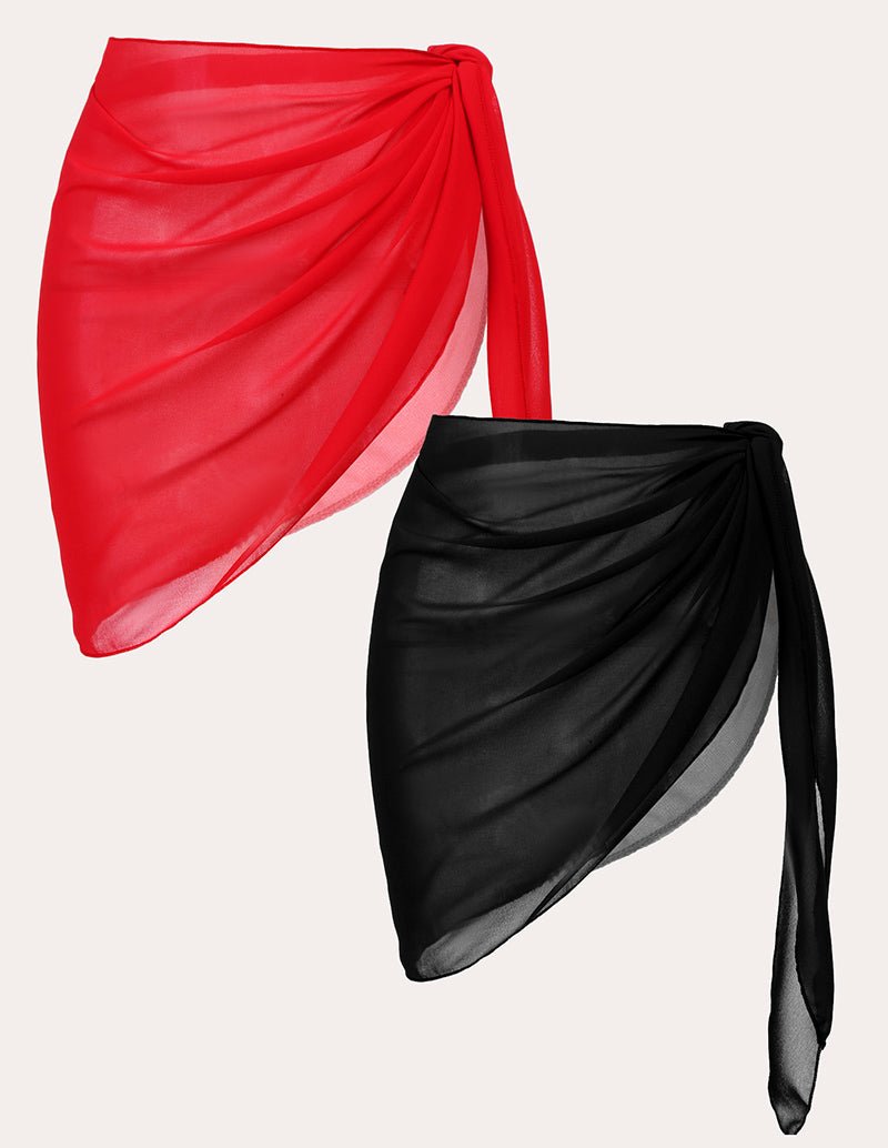 2-piece chiffon cover-up set: black and red draped wrap skirt