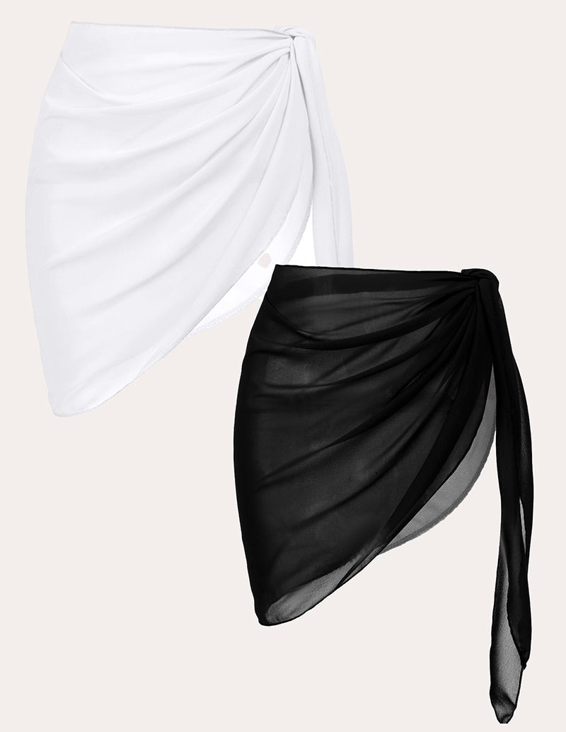2-piece chiffon cover-up set: black and white draped wrap skirt