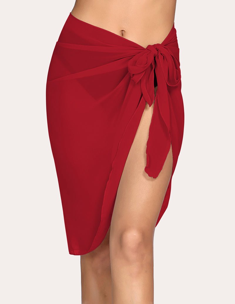 Red chiffon swimsuit cover-up sarong with knotted bow tie and side slit