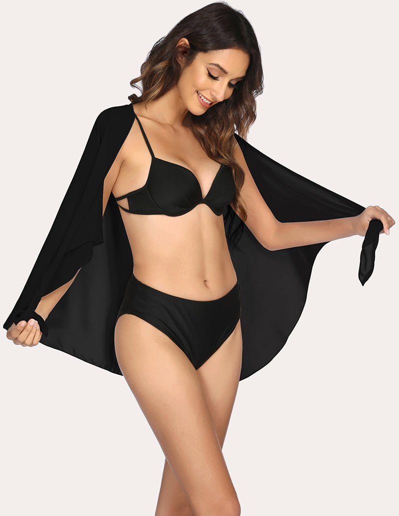 Black chiffon cover-up with loose sleeves and side drape over bikini
