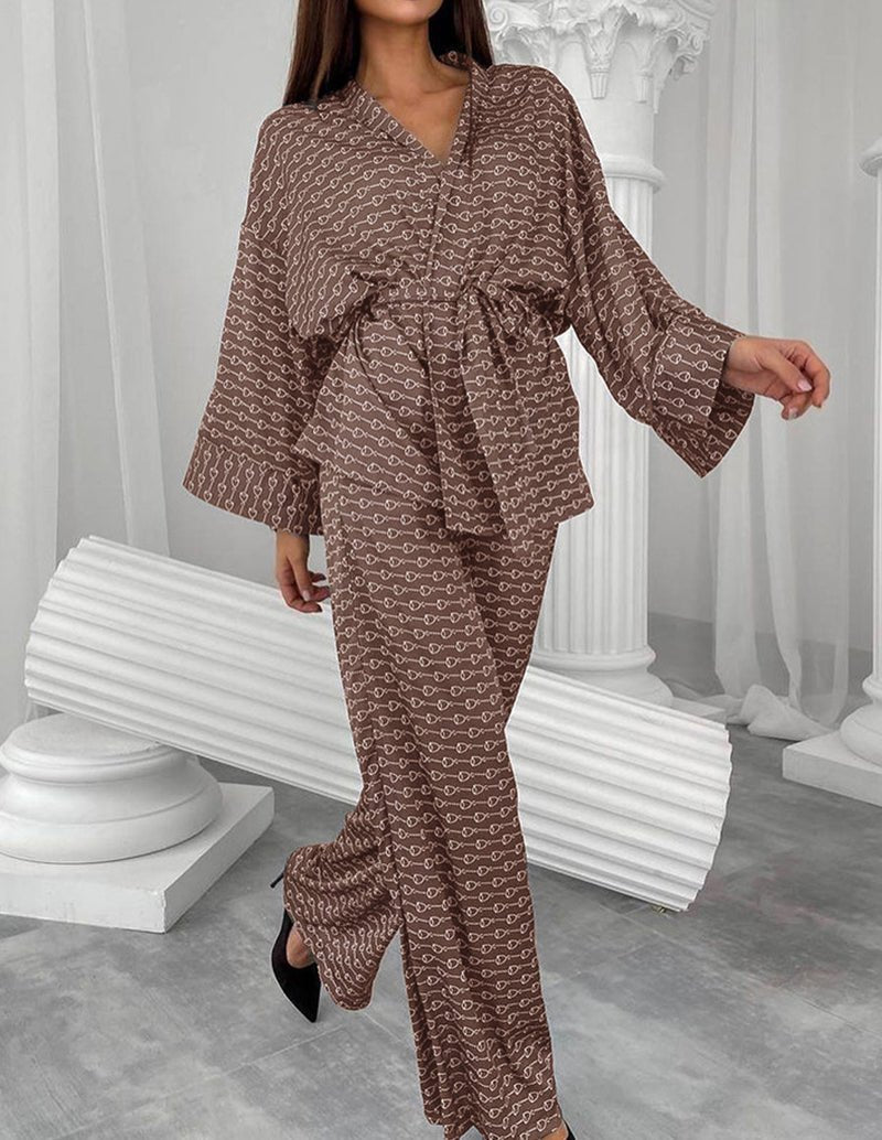 Brown patterned robe-style pants set with V-neck and tie-waist wide-leg pants