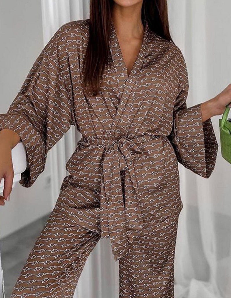 Brown patterned robe-style pants set with V-neck and tie-belted waist