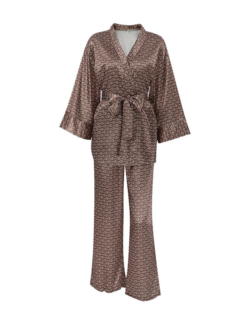 Brown patterned robe pants set with V-neck top and tie-waist wide-leg trousers