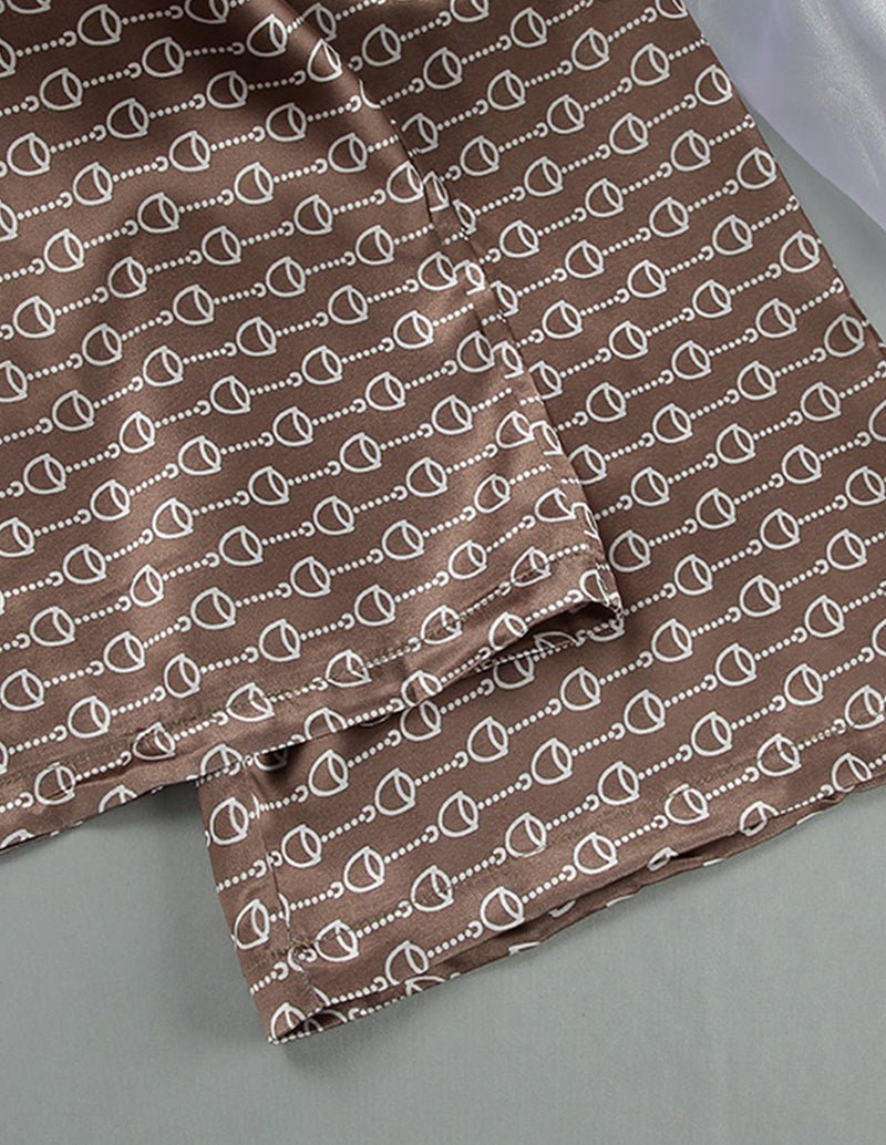 Brown robe pants set with patterned leg and stitched hem