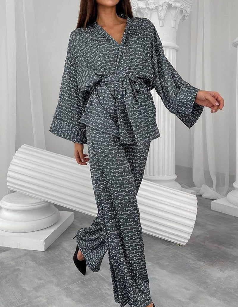Gray robe-style pants set with V-neck, tie waist, and wide-leg flared pants