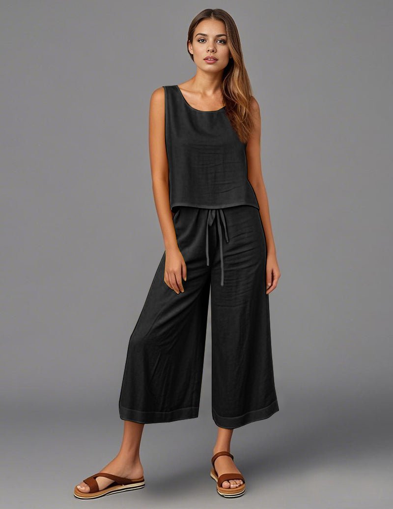 Cotton tank top and wide-leg pants set, black with drawstring waist