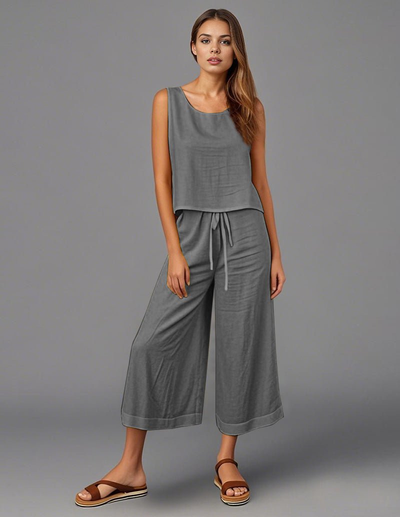 Cotton tank top and wide-leg pants set, gray with drawstring waist