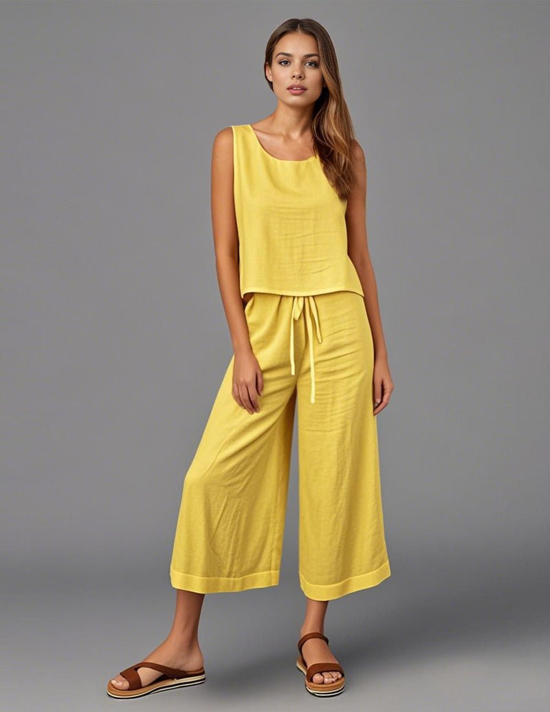 Cotton tank top and wide-leg pants set, yellow with draped waist tie