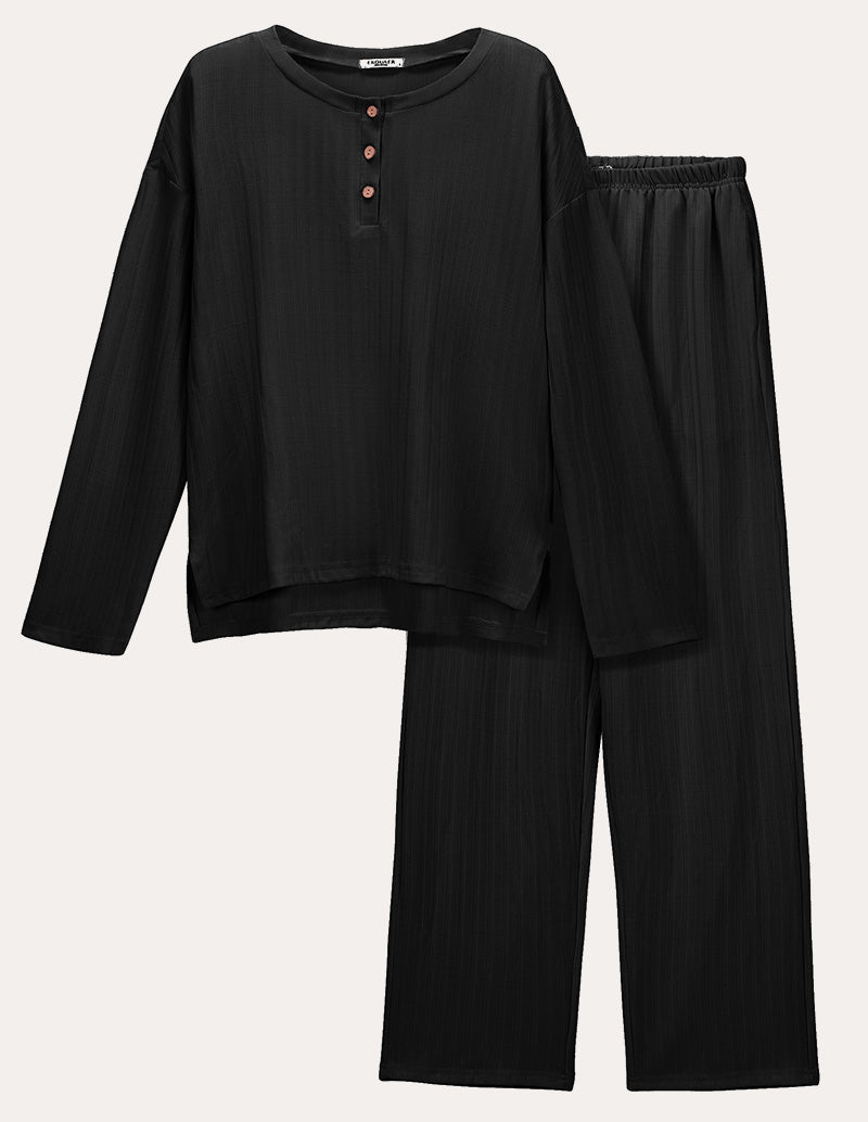 Black ribbed knit lounge set with long-sleeve henley top and wide-leg pants