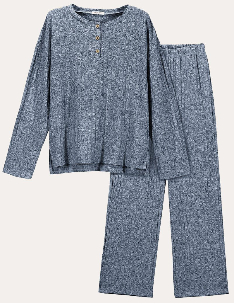Blue ribbed knit lounge set with long-sleeve henley top and wide-leg pants