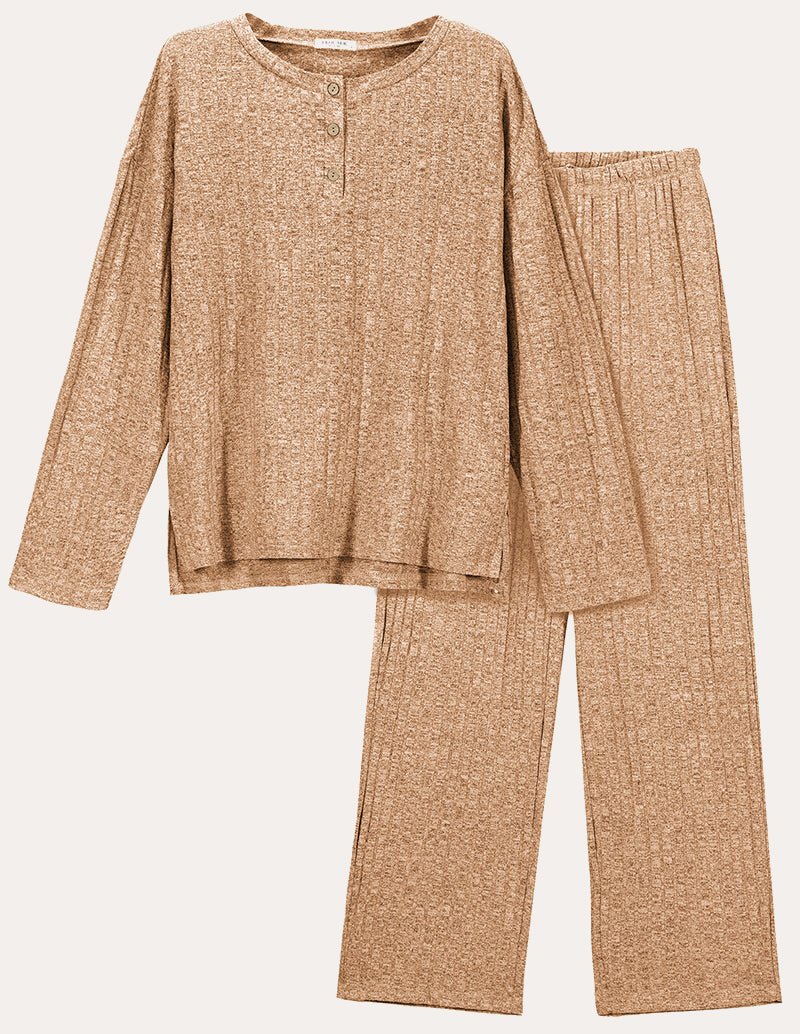 Camel ribbed knit lounge set with long-sleeve henley top and wide-leg pants