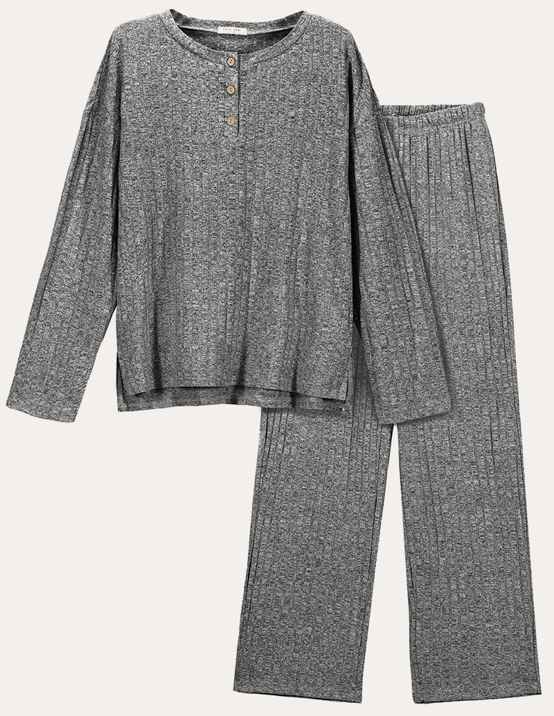 Dark grey ribbed knit lounge set with long-sleeve henley top and wide-leg pants