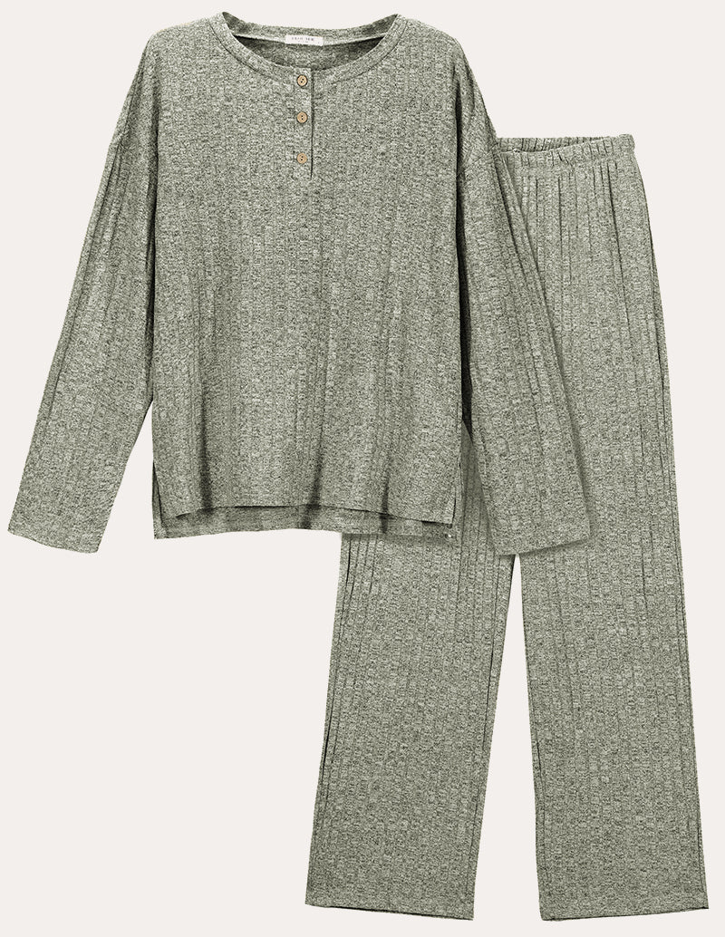 Heather grey ribbed knit lounge set with long-sleeve henley top and wide-leg pants
