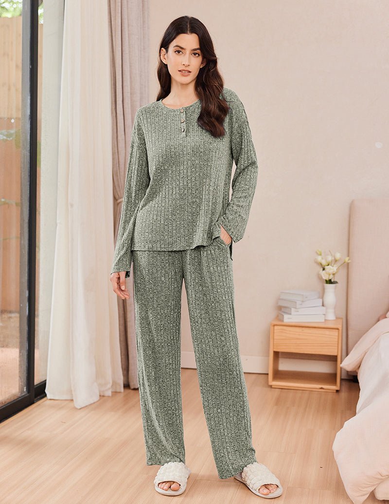 Grey-green ribbed knit lounge set with long-sleeve henley top and wide-leg pants