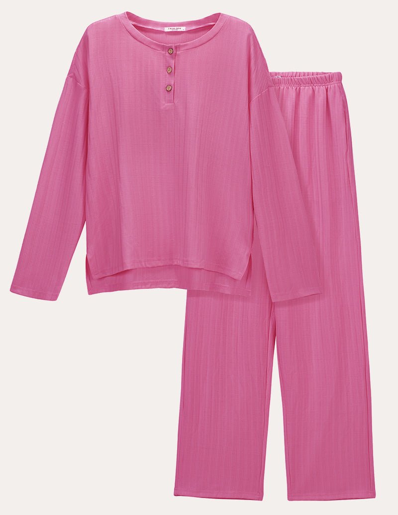 Hot pink ribbed knit lounge set with long-sleeve henley top and wide-leg pants