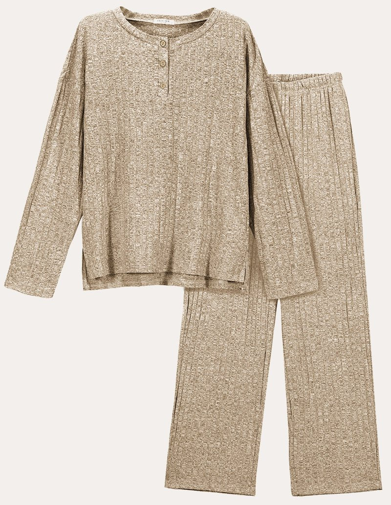 Khaki ribbed knit lounge set with long-sleeve henley top and wide-leg pants