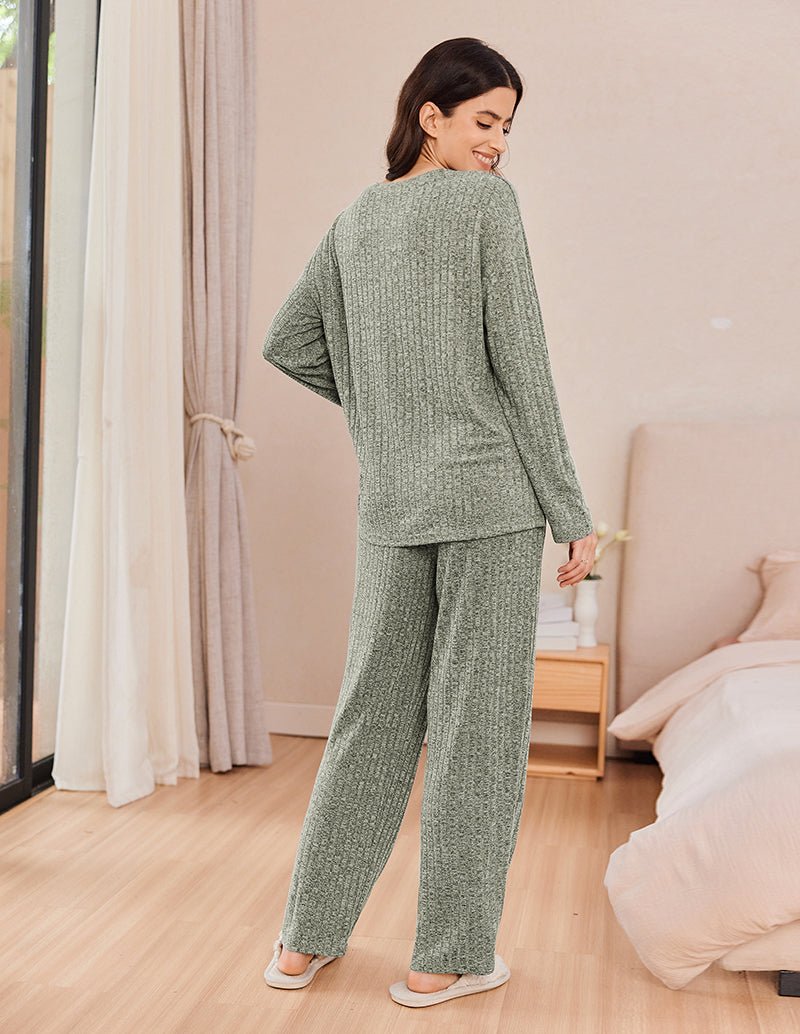 Ribbed knit lounge set with long-sleeve top and elastic-waist wide pants, grey green