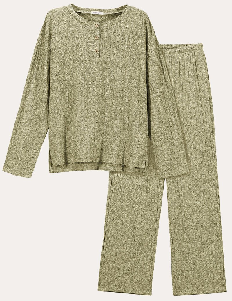 Light green ribbed knit lounge set with long-sleeve henley top and wide-leg pants