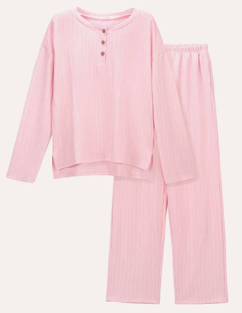 Pink ribbed knit lounge set with long-sleeve henley top and wide-leg pants