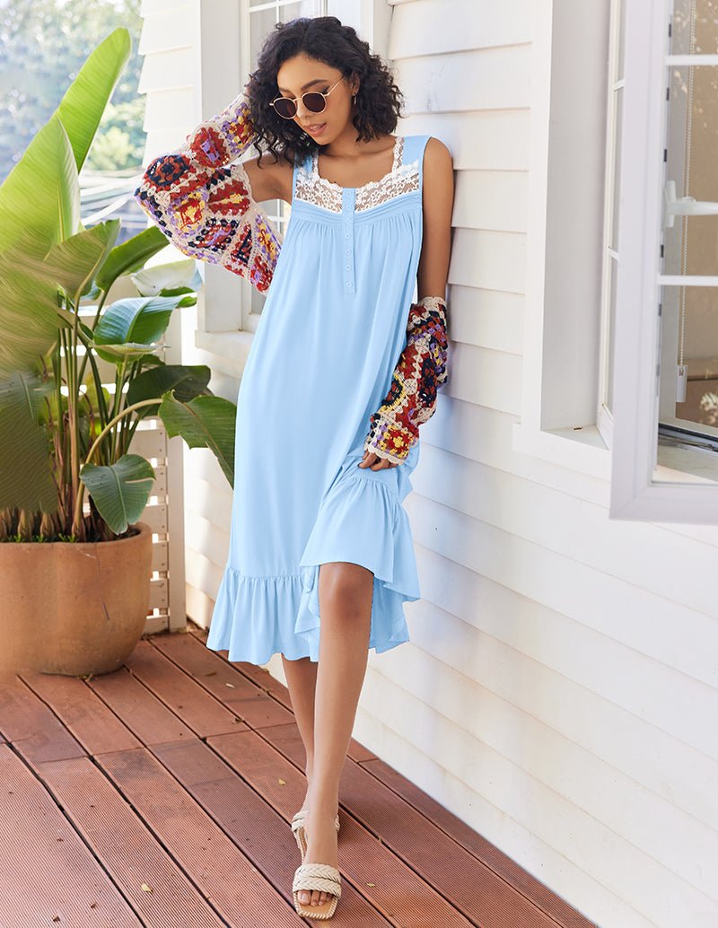 Light blue sleeveless nightdress with lace neckline and tiered ruffle hem