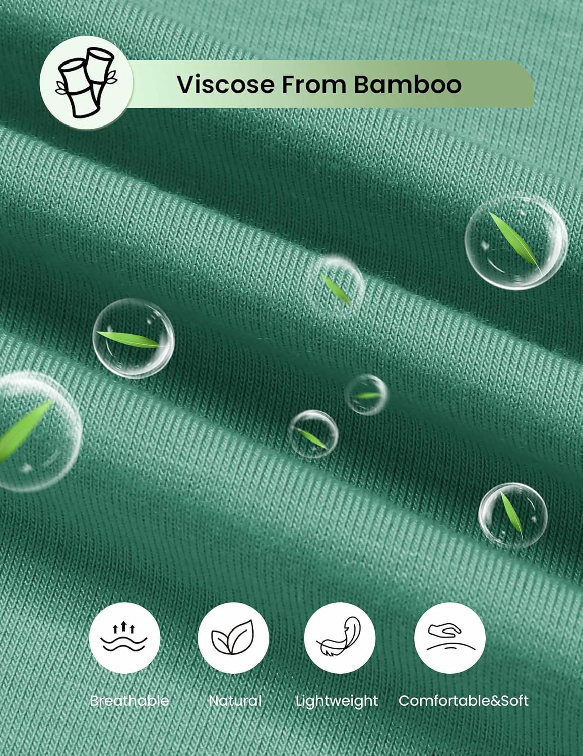 Teal-green viscose fabric with water-drop detail and comfort icons