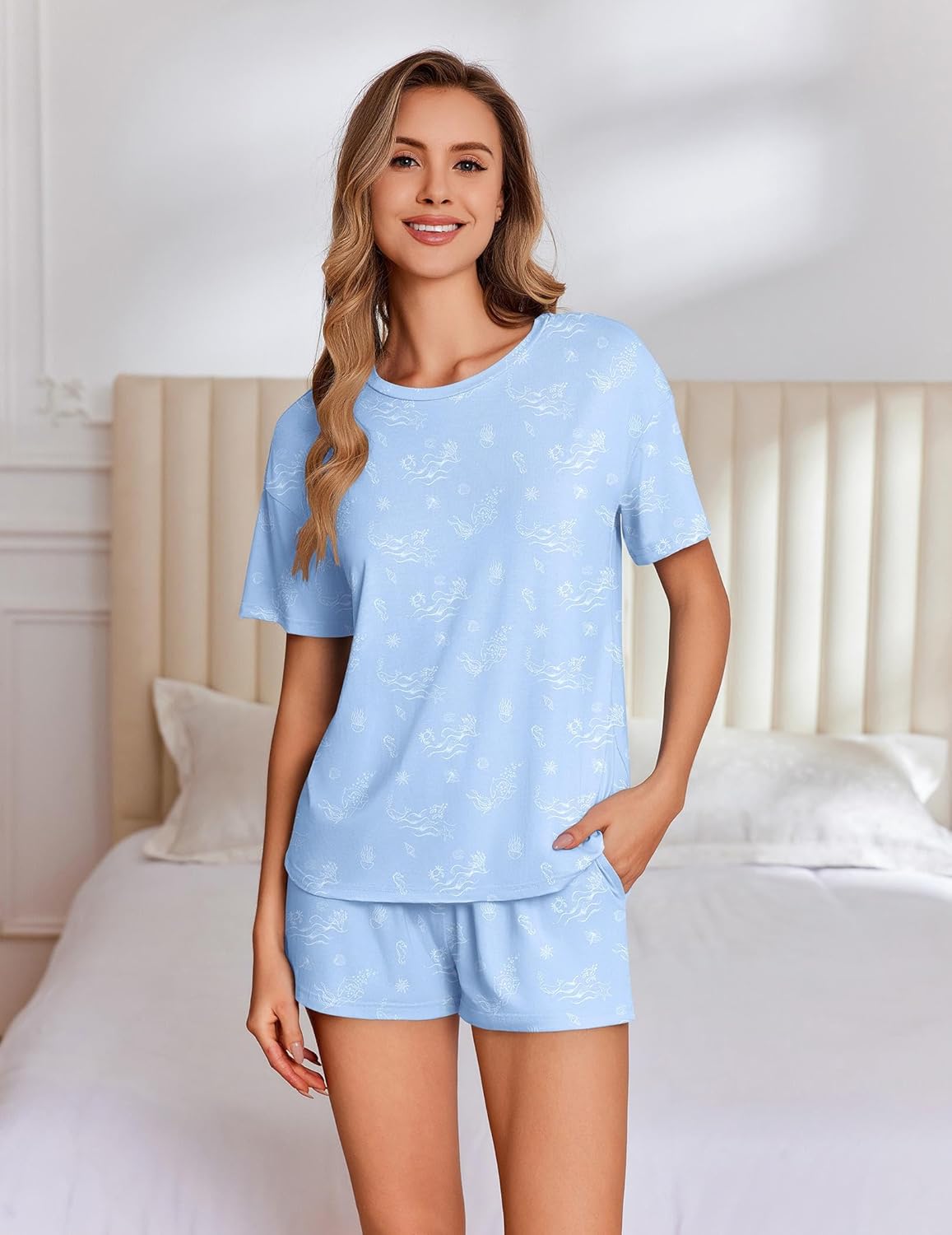 Short sleeve top and shorts set, light blue with small allover pattern