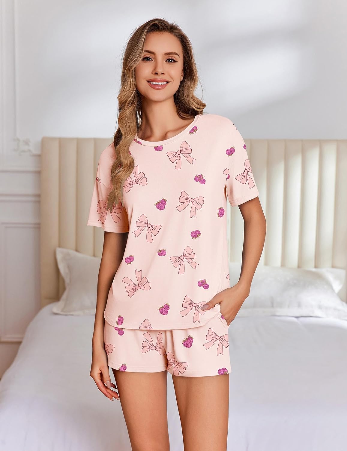 Bamboo viscose short sleeve top and shorts set, pink floral bow print