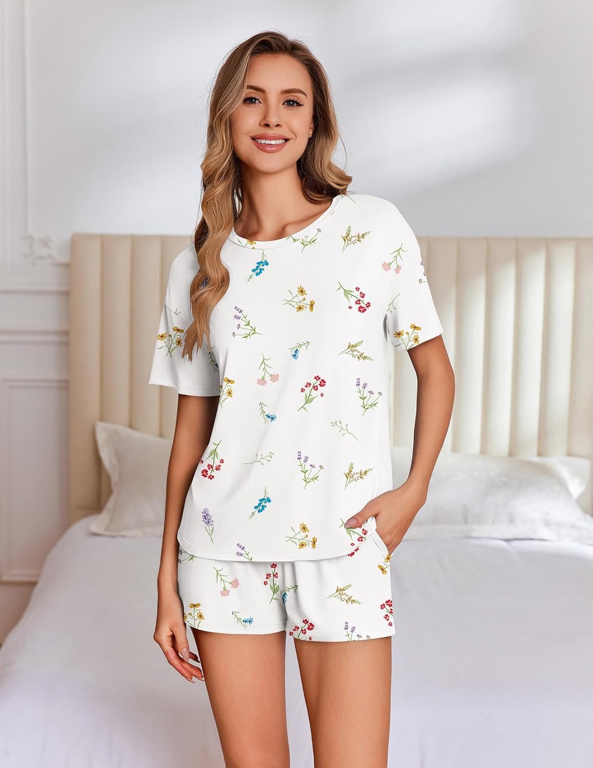 White short-sleeve top and matching shorts set with colorful floral print
