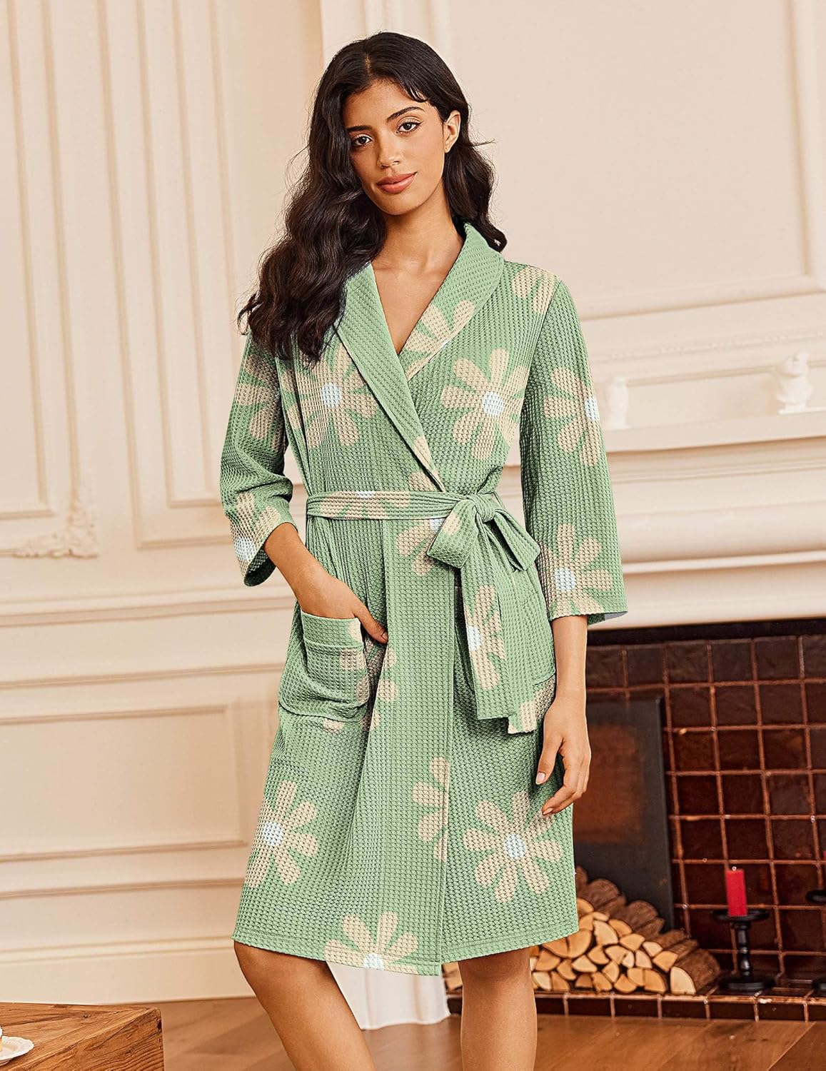 Floral green waffle-knit kimono bathrobe with tied waist belt and side pockets
