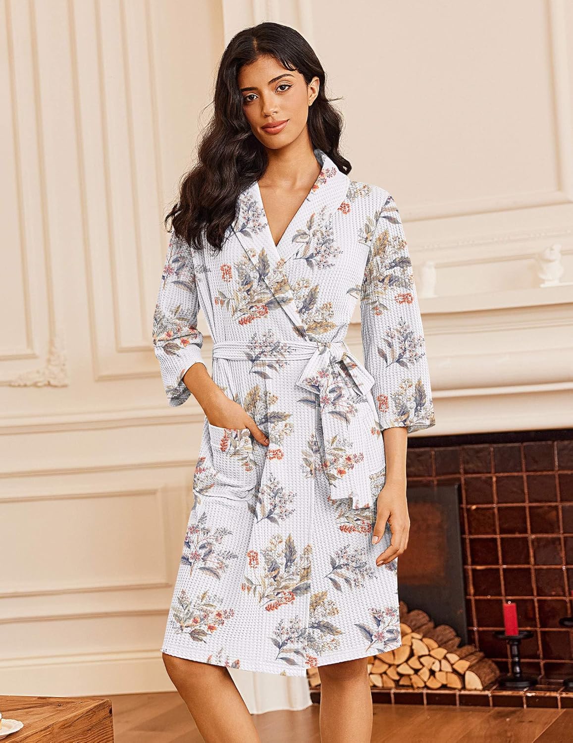 Waffle knit bathrobe in white with floral print, kimono collar, tie belt and pockets.