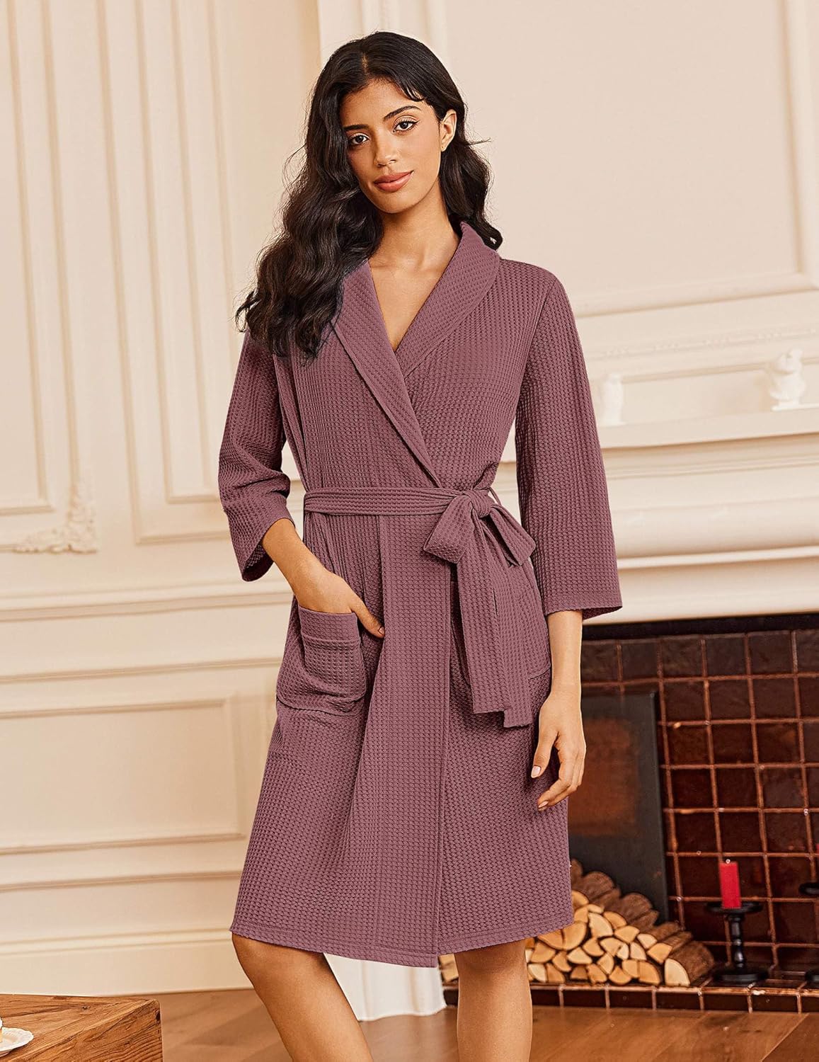 Waffle knit bathrobe in mauve, kimono collar, tie belt and side pockets.