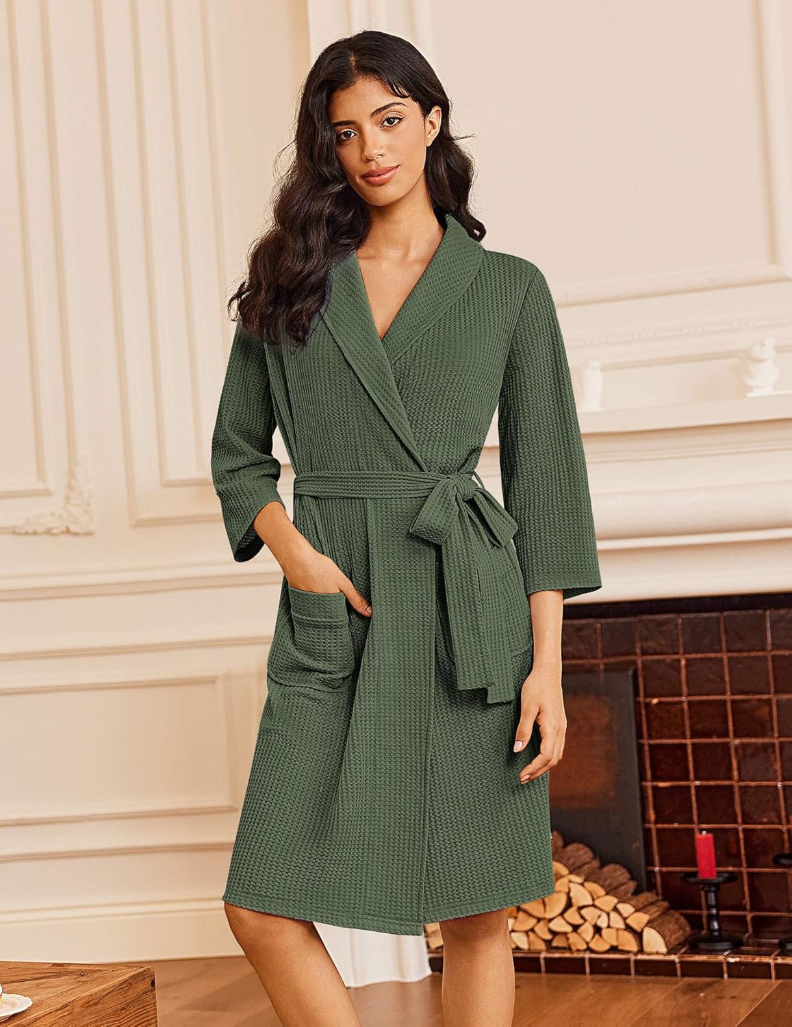 Green waffle knit bathrobe with kimono wrap, waist tie, and front pockets