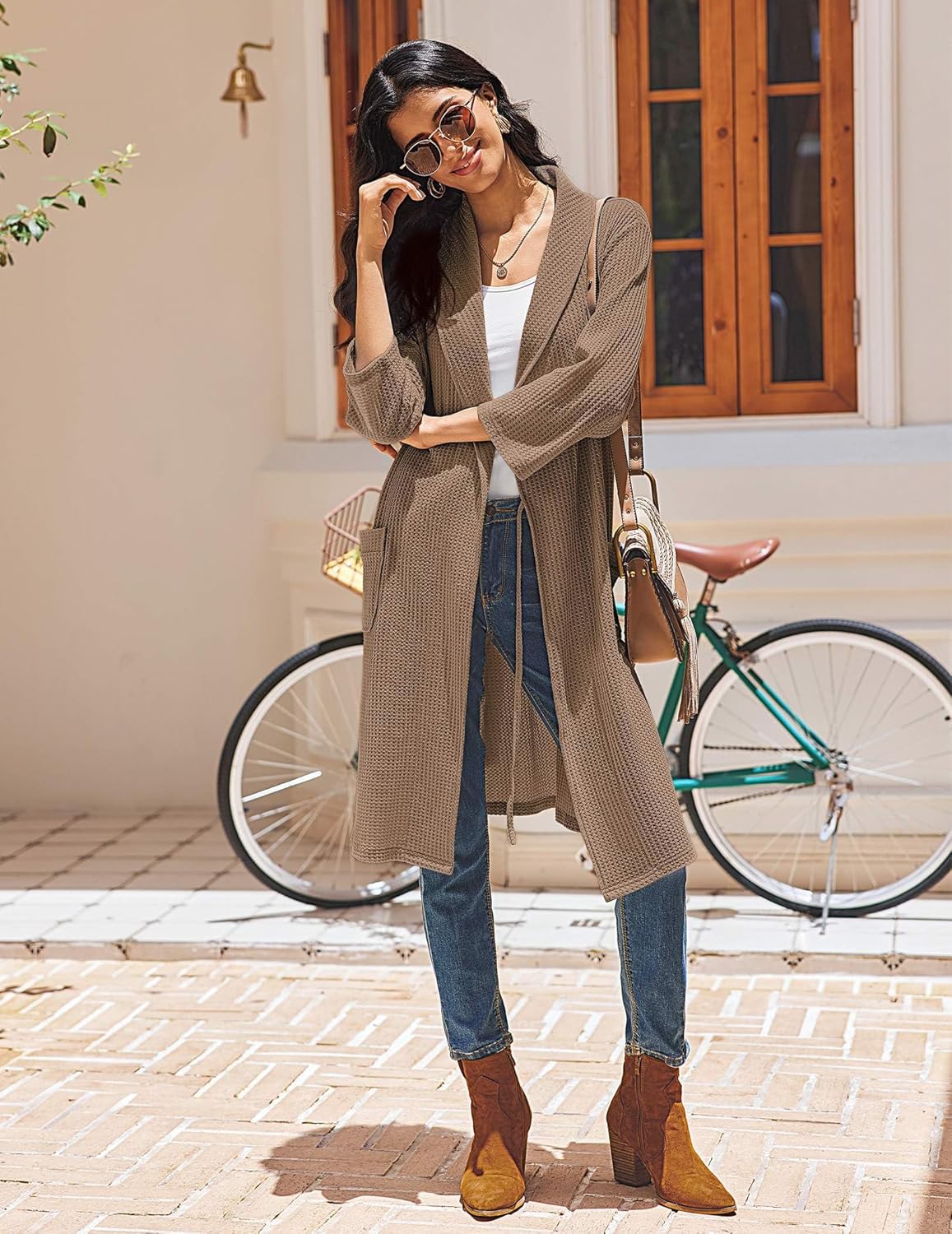 Waffle knit bathrobe, tan/khaki with kimono collar, tied belt and front pockets.