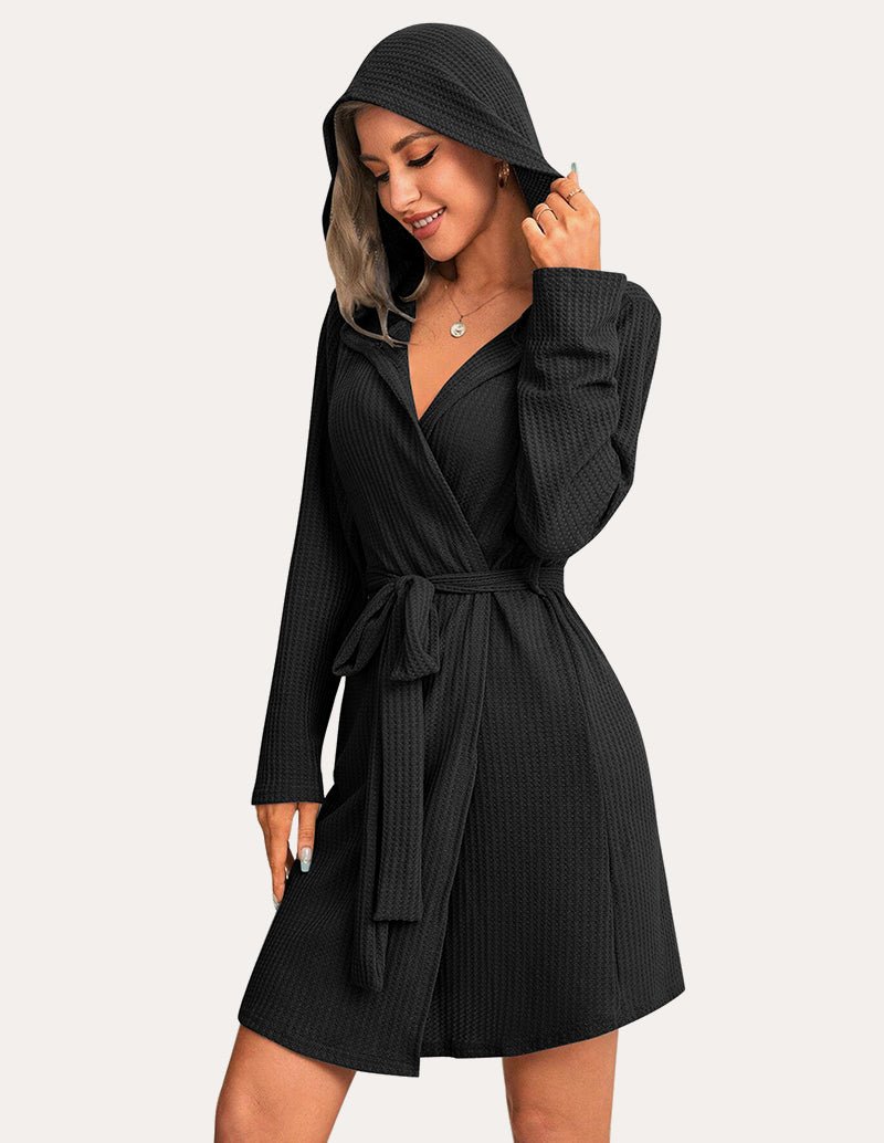 Black waffle knit hooded bathrobe with waist tie belt and ribbed texture