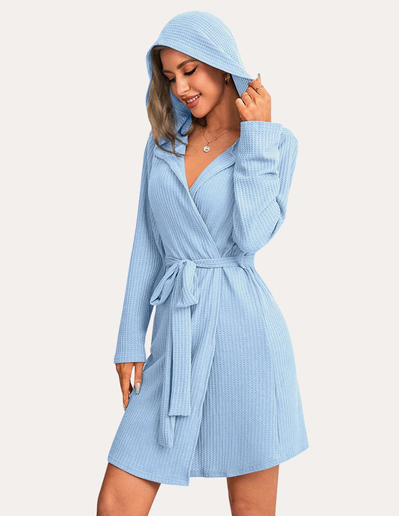 Light blue waffle knit hooded bathrobe with waist tie belt and hooded neckline