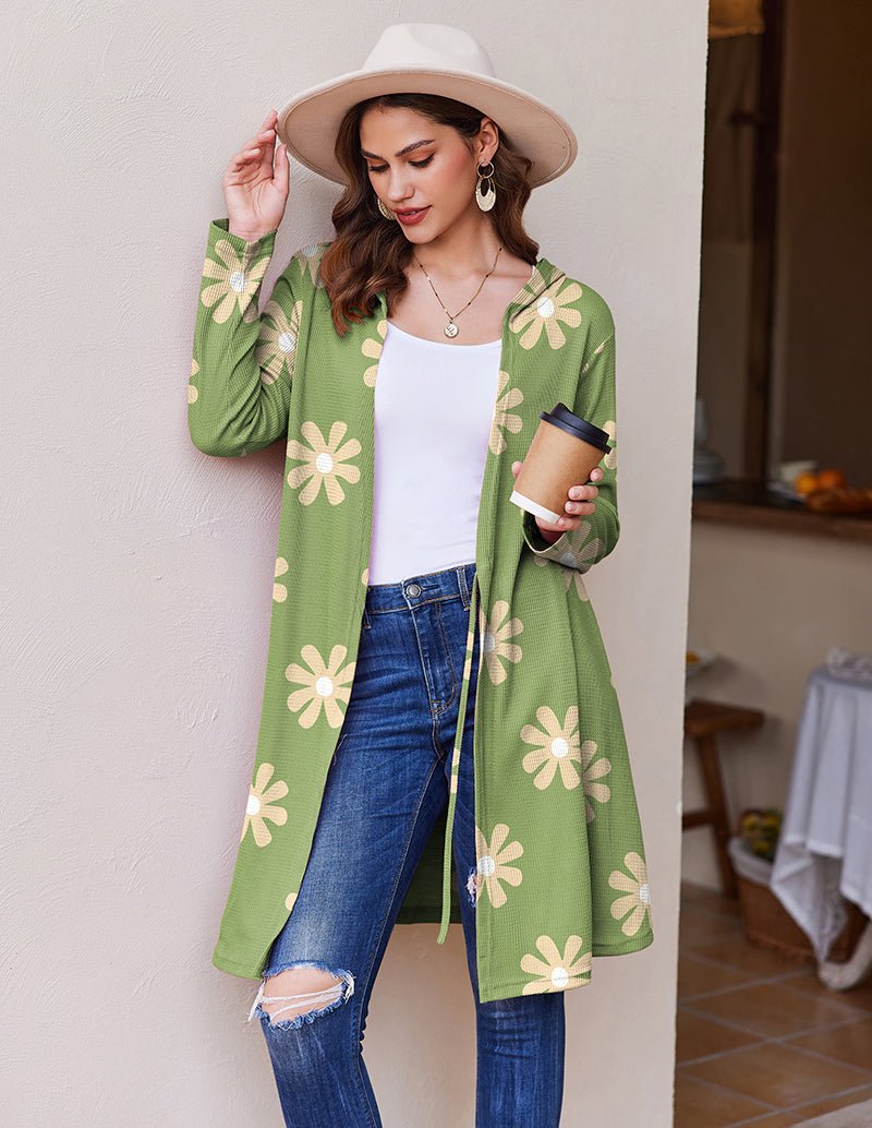 Green floral waffle knit bathrobe with open front and tie belt, short sleeves